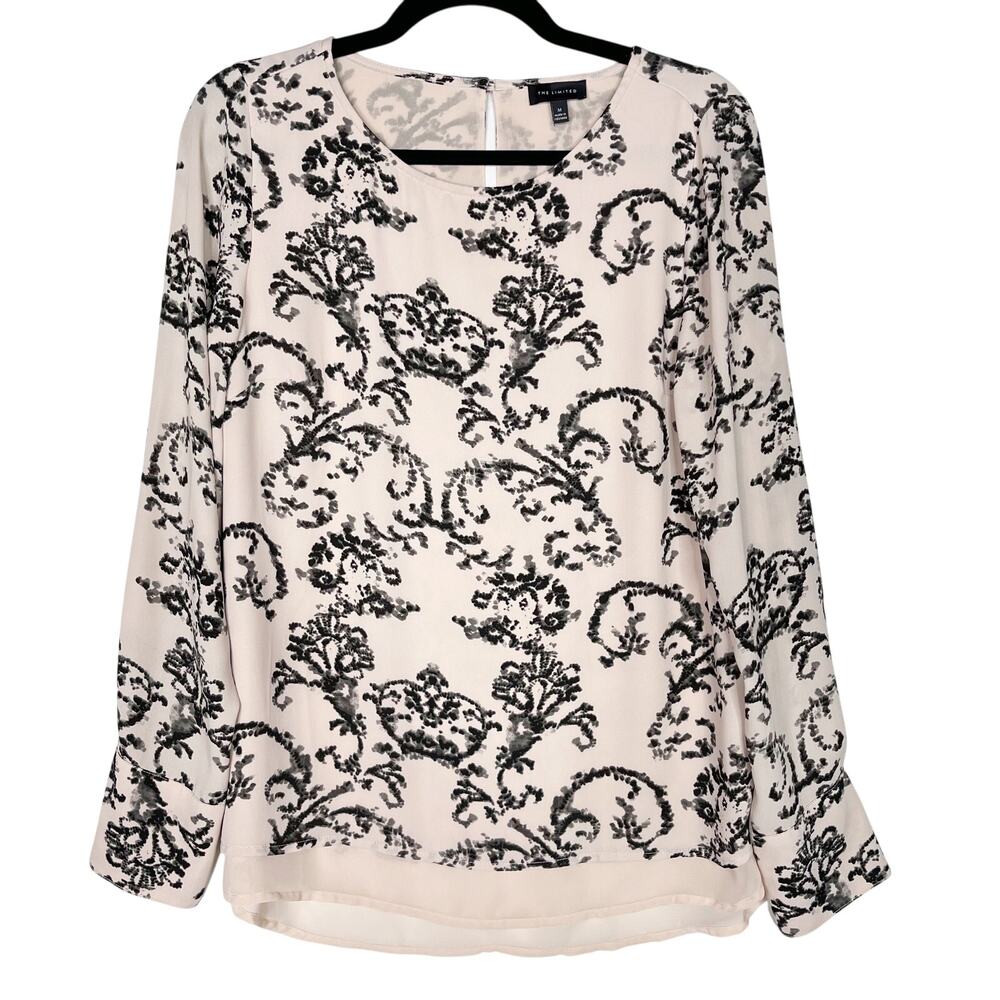 The Limited Blush Pink Black Line Printed Long Sleeve Blouse Medium M Scoop Neck